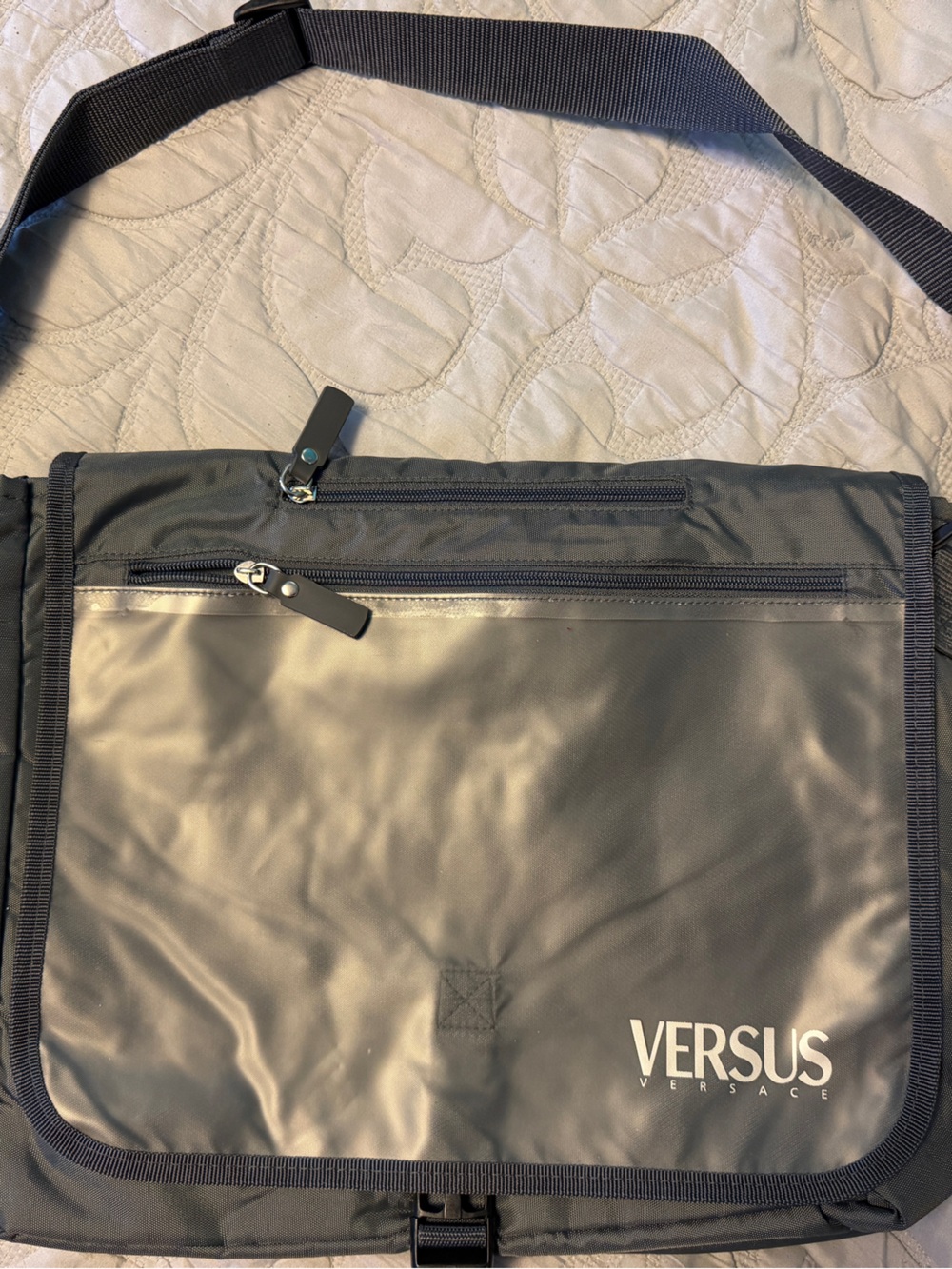 Versus Versace Black Nylon Messenger Bag with Clear Front Panel